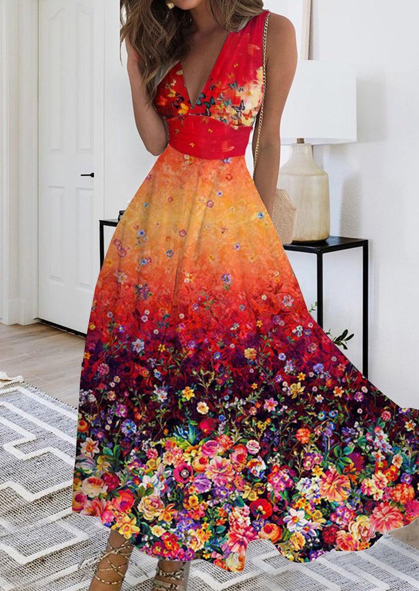 Summer New V-neck Fashion Digital Printing Maxi Dress - J Micheal
