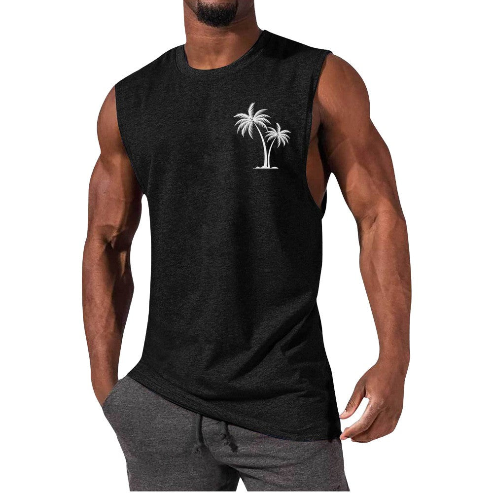 Coconut Tree Embroidery Vest Summer Beach Tank Tops Workout Muscle Men Sports Fitness T-shirt - J Micheal