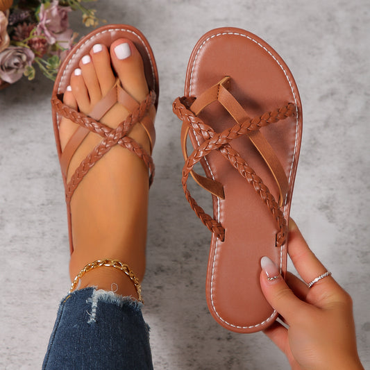 Cross-woven Design Thong Sandals Summer Flat Shoes Women Flip Flops Slides Casual Vacation Beach Slippers - J Micheal