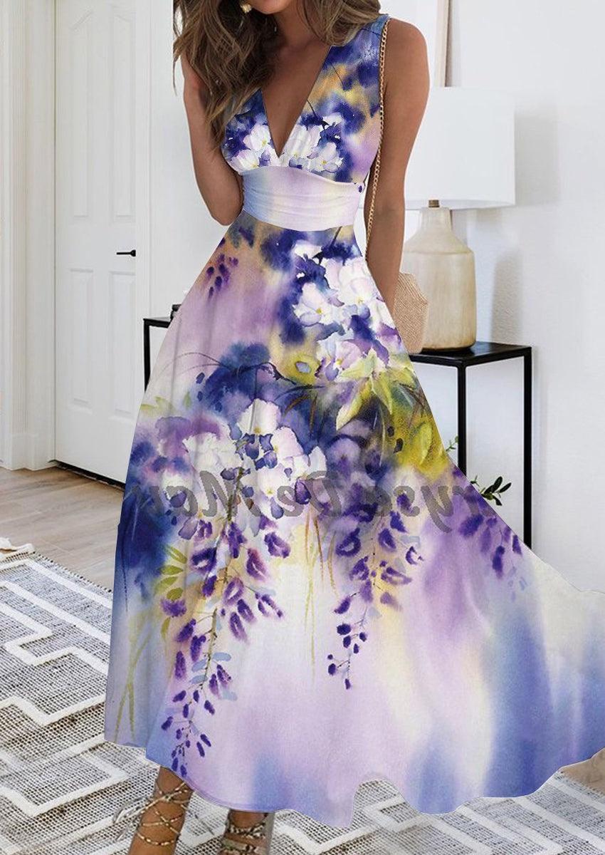 Summer New V-neck Fashion Digital Printing Maxi Dress - J Micheal