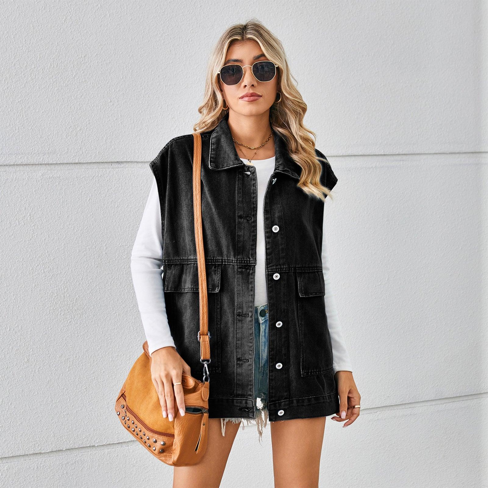 Denim Vest With Big Pockets Fashion Sleeveless Outwear Vest For Womens Clothing - J Micheal