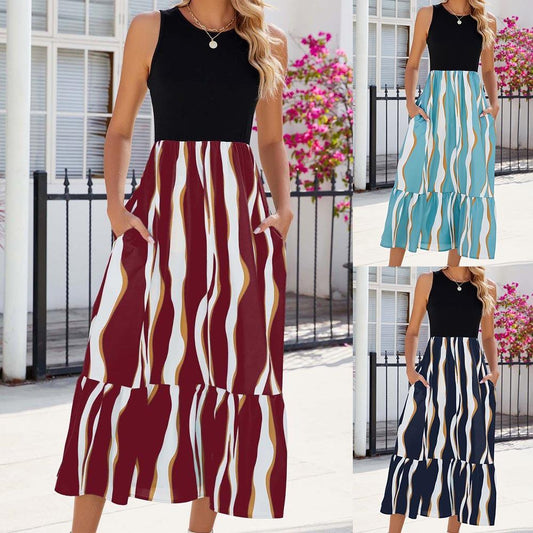 Round Neck Sleeveless Long Dress Summer Fashion Striped Print Dresses Womens Clothing - J Micheal