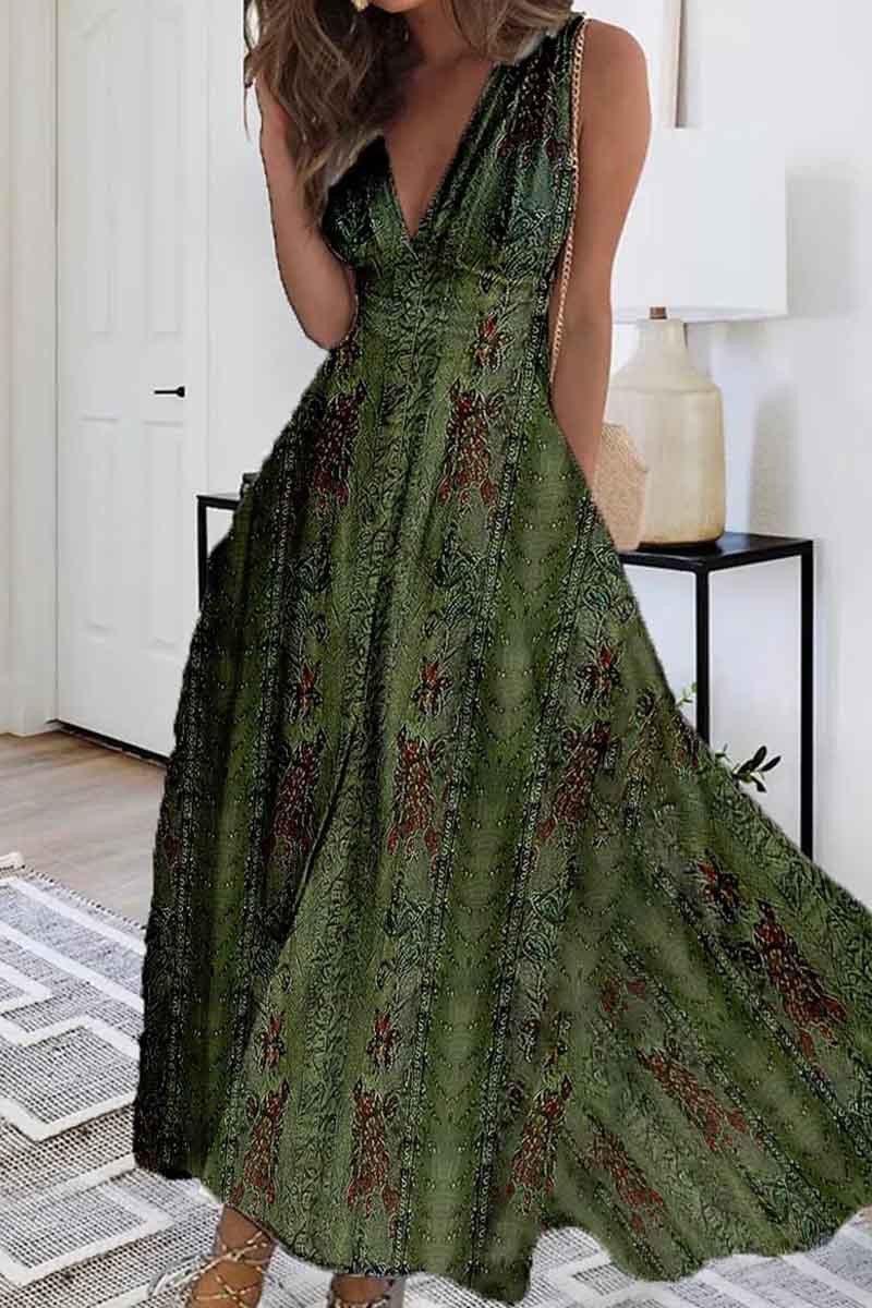 Summer New V-neck Fashion Digital Printing Maxi Dress - J Micheal