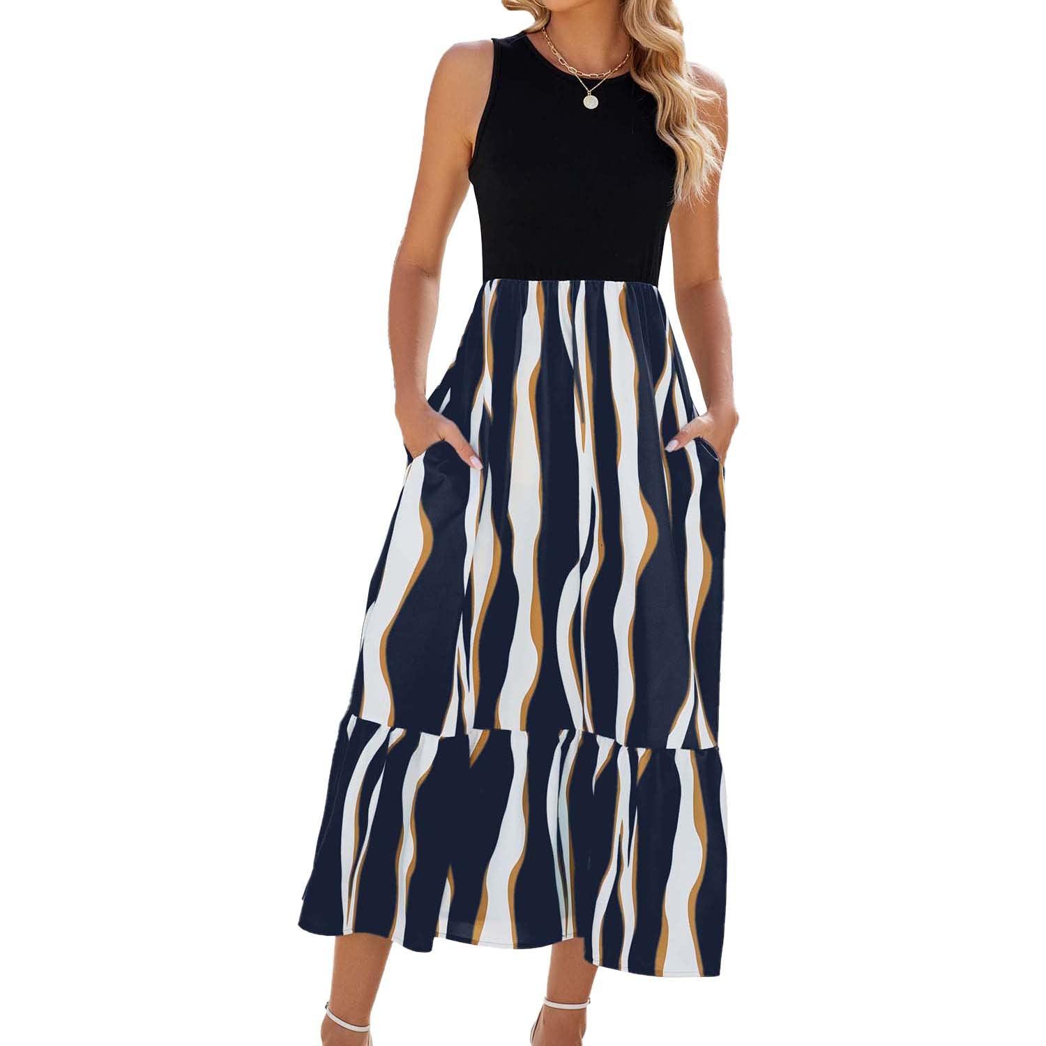 Round Neck Sleeveless Long Dress Summer Fashion Striped Print Dresses Womens Clothing - J Micheal