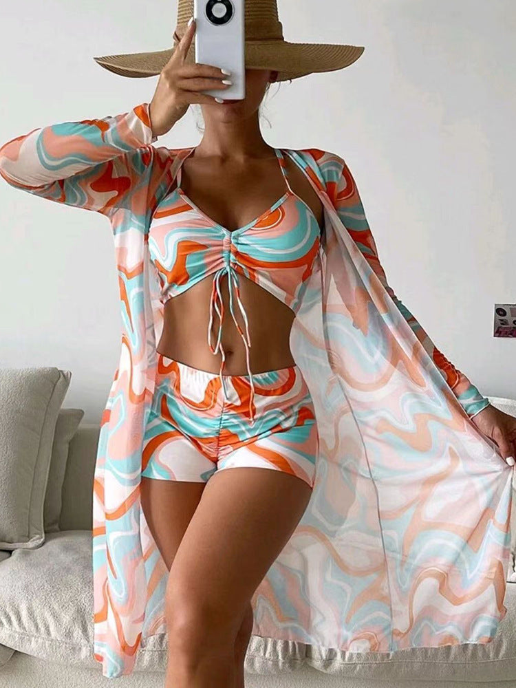 3pcs Pring Bikini With Long Sleeve Cardigan Fashion Summer Beach Swimsuit Women - J Micheal