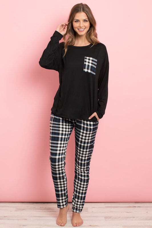 Solid Top Plaid Pocket and Joggers Set With Self Tie - J Micheal