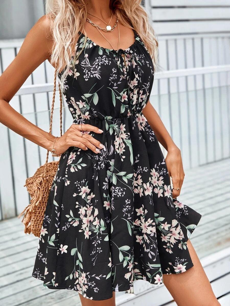 Floral Print Suspender Dress With Elastic Waist Design Fashion Summer Short Dresses Womens Clothing - J Micheal