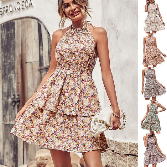 Summer Printed Halter Dress Fashion Boho Backless Ruffled A-Line Beach Dresses For Womens Clothing - J Micheal