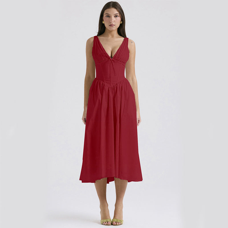 V-neck A-line Dress Summer Pleated Floral Print Tight Waist Swing Dresses With Pockets Womens Clothing - J Micheal