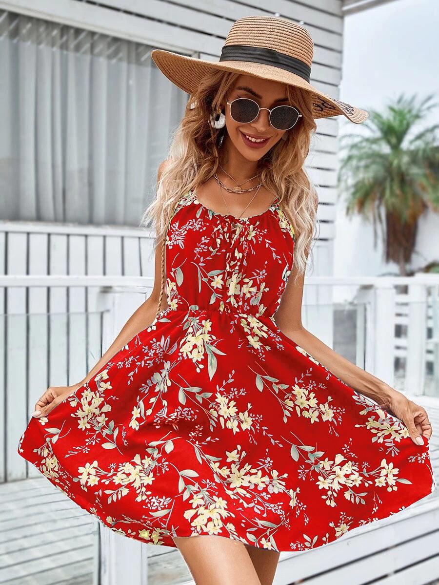 Floral Print Suspender Dress With Elastic Waist Design Fashion Summer Short Dresses Womens Clothing - J Micheal