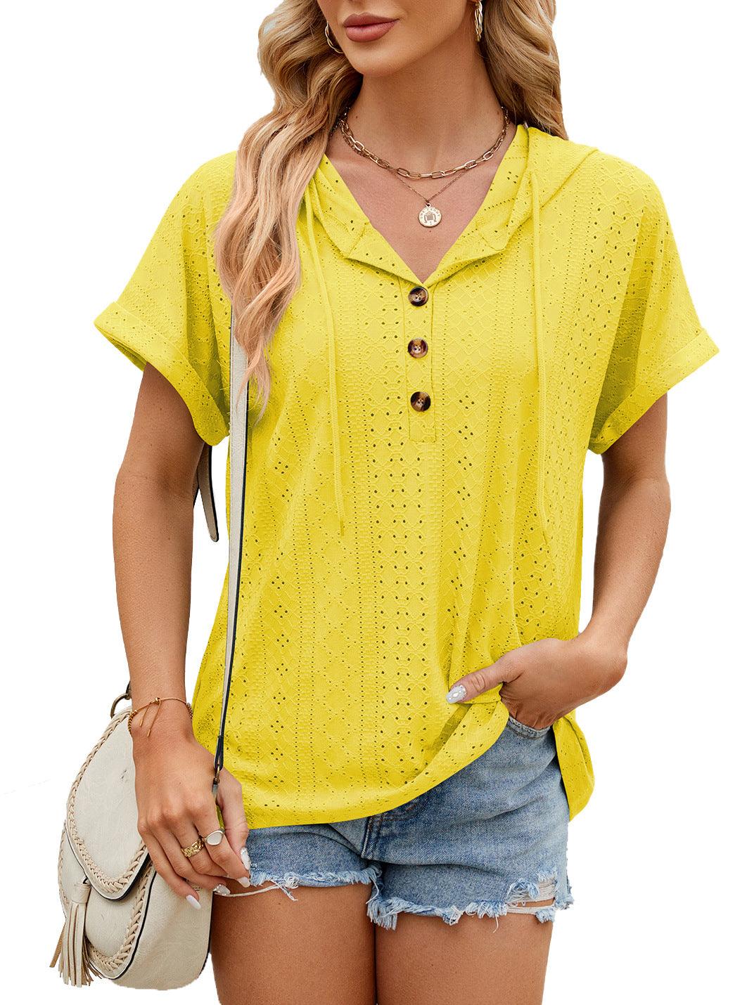 New Solid Color Hooded Button T-shirt Loose Hollow Design Short-sleeved Top For Womens Clothing - J Micheal