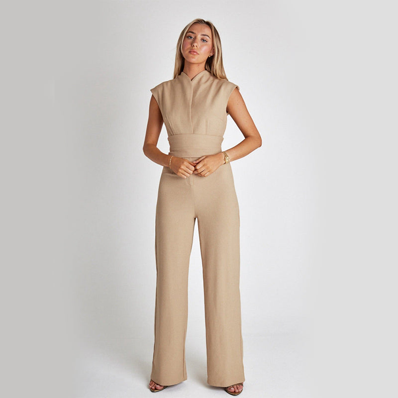 Fashion Elegant Long Sleeveless Jumpsuit Summer V-neck Casual Wide Leg Long Overalls Clothing For Women - J Micheal