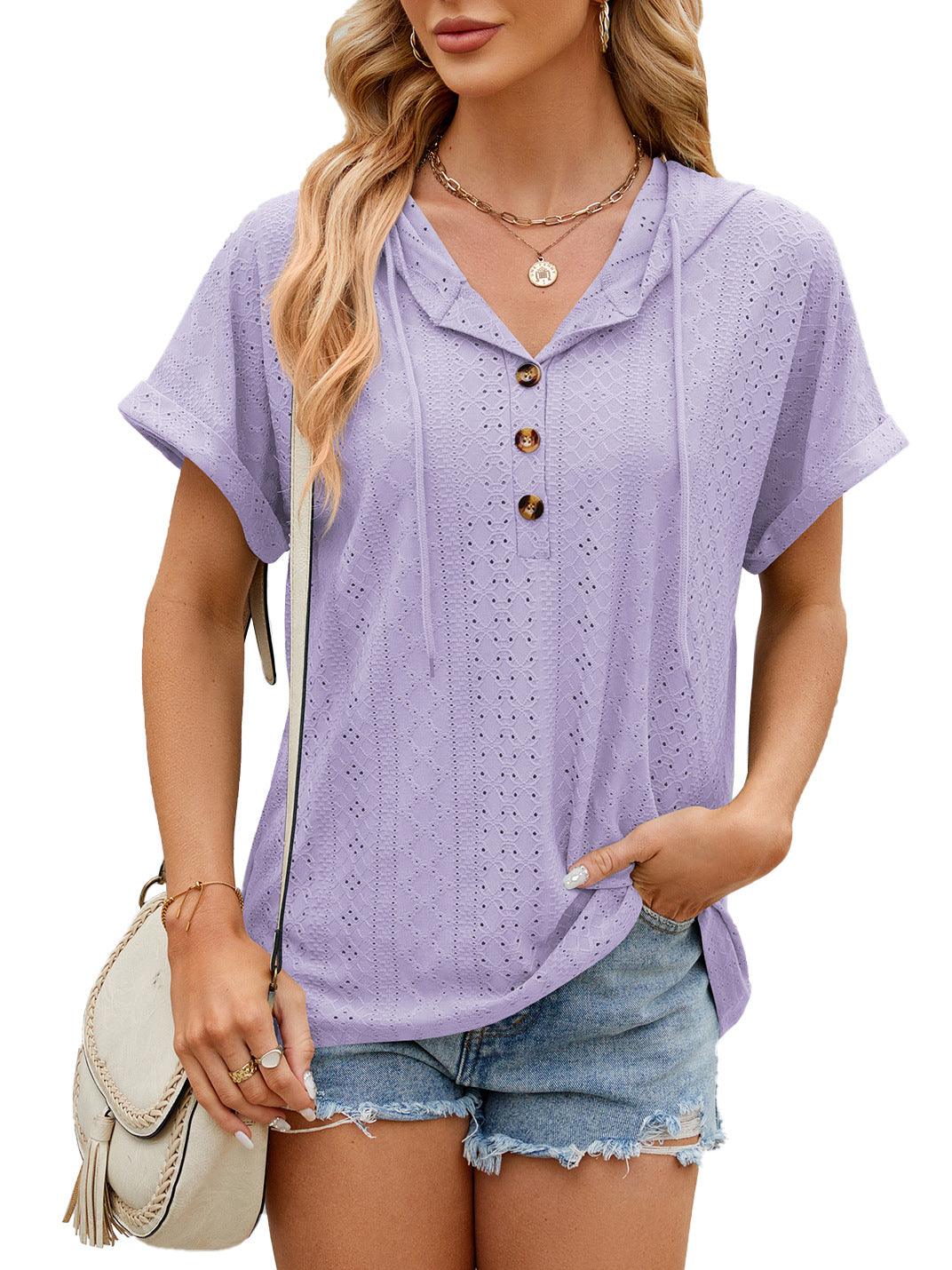 New Solid Color Hooded Button T-shirt Loose Hollow Design Short-sleeved Top For Womens Clothing - J Micheal