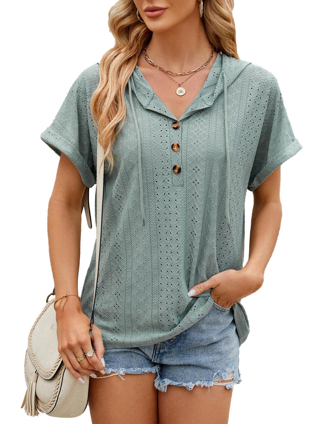 New Solid Color Hooded Button T-shirt Loose Hollow Design Short-sleeved Top For Womens Clothing - J Micheal