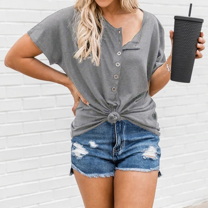 European And American Fashion Women's Irregular Hem Button Short-sleeved T-shirt - J Micheal