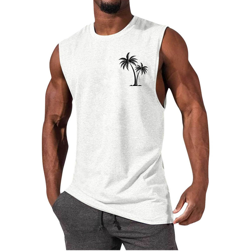 Coconut Tree Embroidery Vest Summer Beach Tank Tops Workout Muscle Men Sports Fitness T-shirt - J Micheal