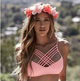 cut out Bikinis Sexy pink bandage cut out Halter bikini swimsuit women cross Women's swimwear swimming suit - J Micheal