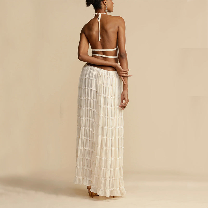 2pcs Women's Dress Suit Sexy Sleeveless Backless Cropped Halter Top And Pleated Long Dress - J Micheal
