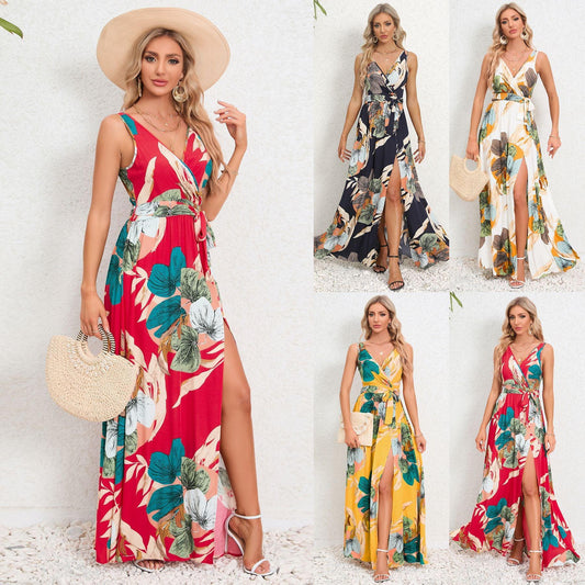 V-neck Floral Print Long Dress Summer Fashion Waist Tie Slit Design Sleeveless Dress For Womens Clothing - J Micheal