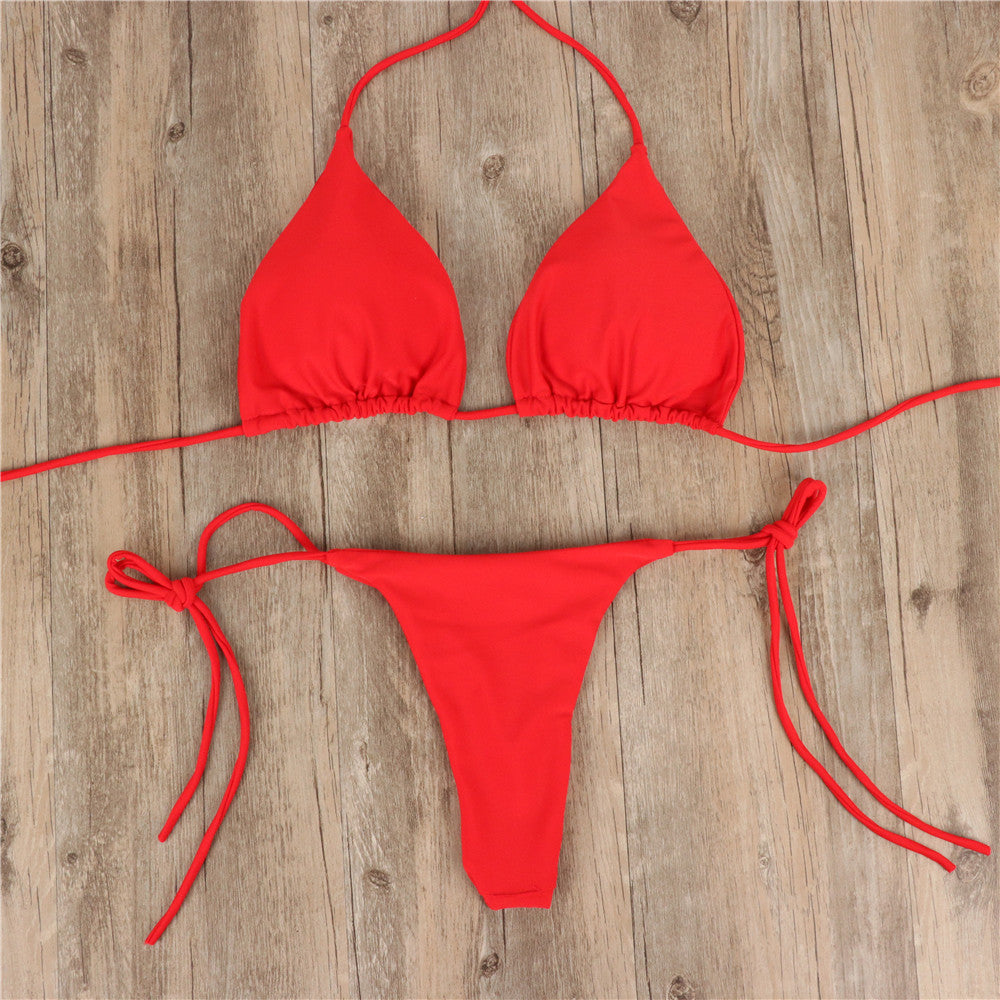 2pcs Halterneck Lace-up Bikini Women Summer Solid Color Sexy Split Strap Adjustable Swimsuit Suit - J Micheal