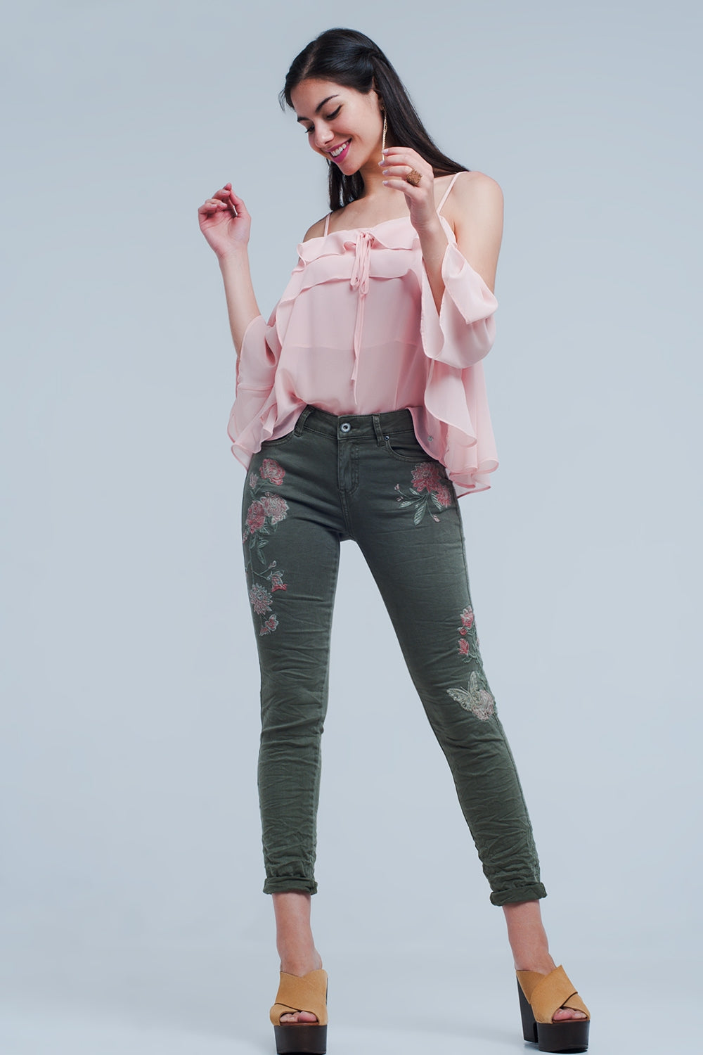 Khaki Jeans With Embroidered Flower - J Micheal