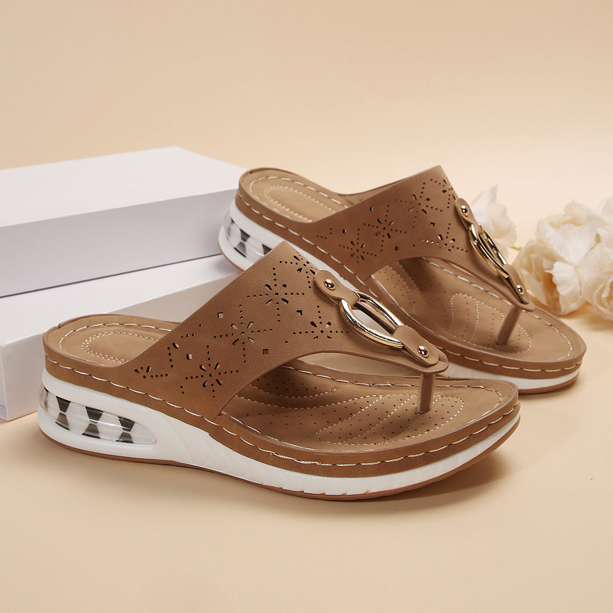 New Air Cushion Thong Sandals Summer Flip Flops Hollow Metal Buckle Wedges Shoes For Women Thick Sole Beach Shoes - J Micheal