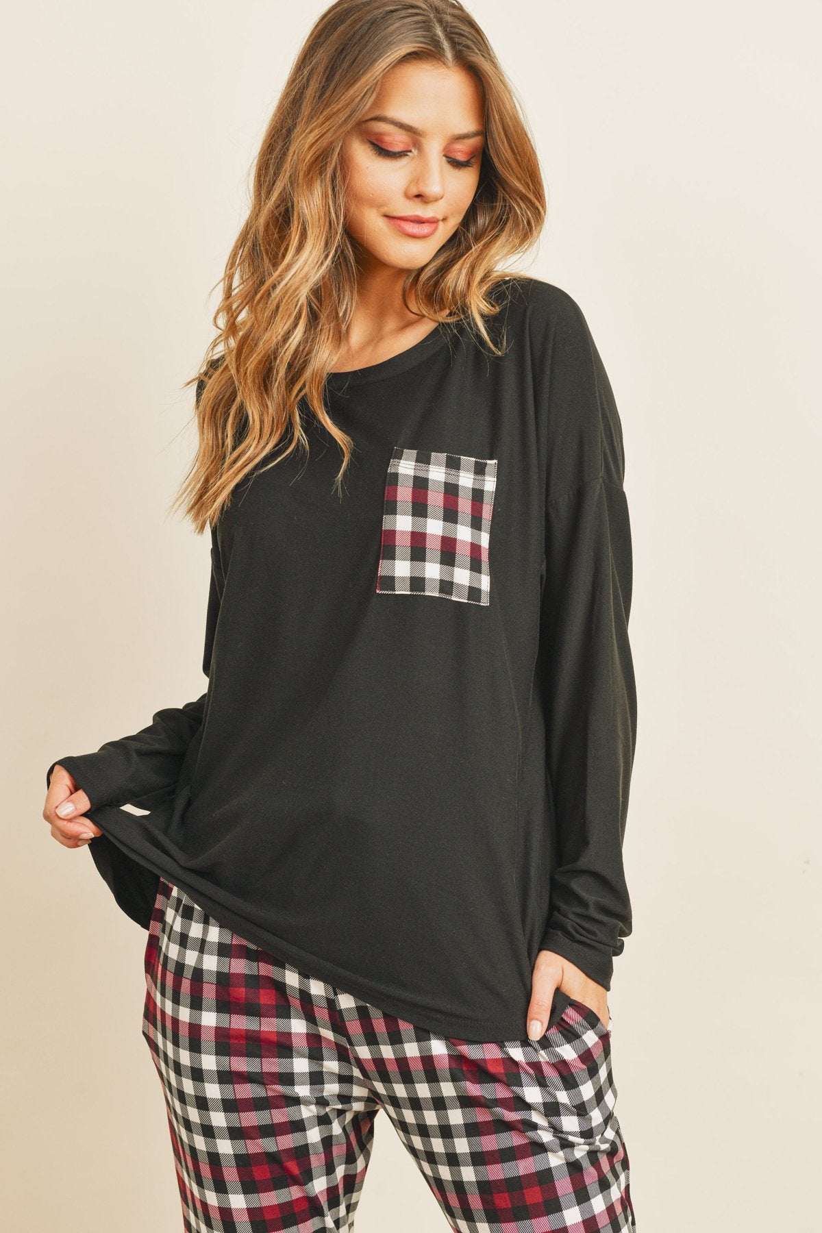 Solid Top Plaid Pocket and Joggers Set With Self Tie - J Micheal