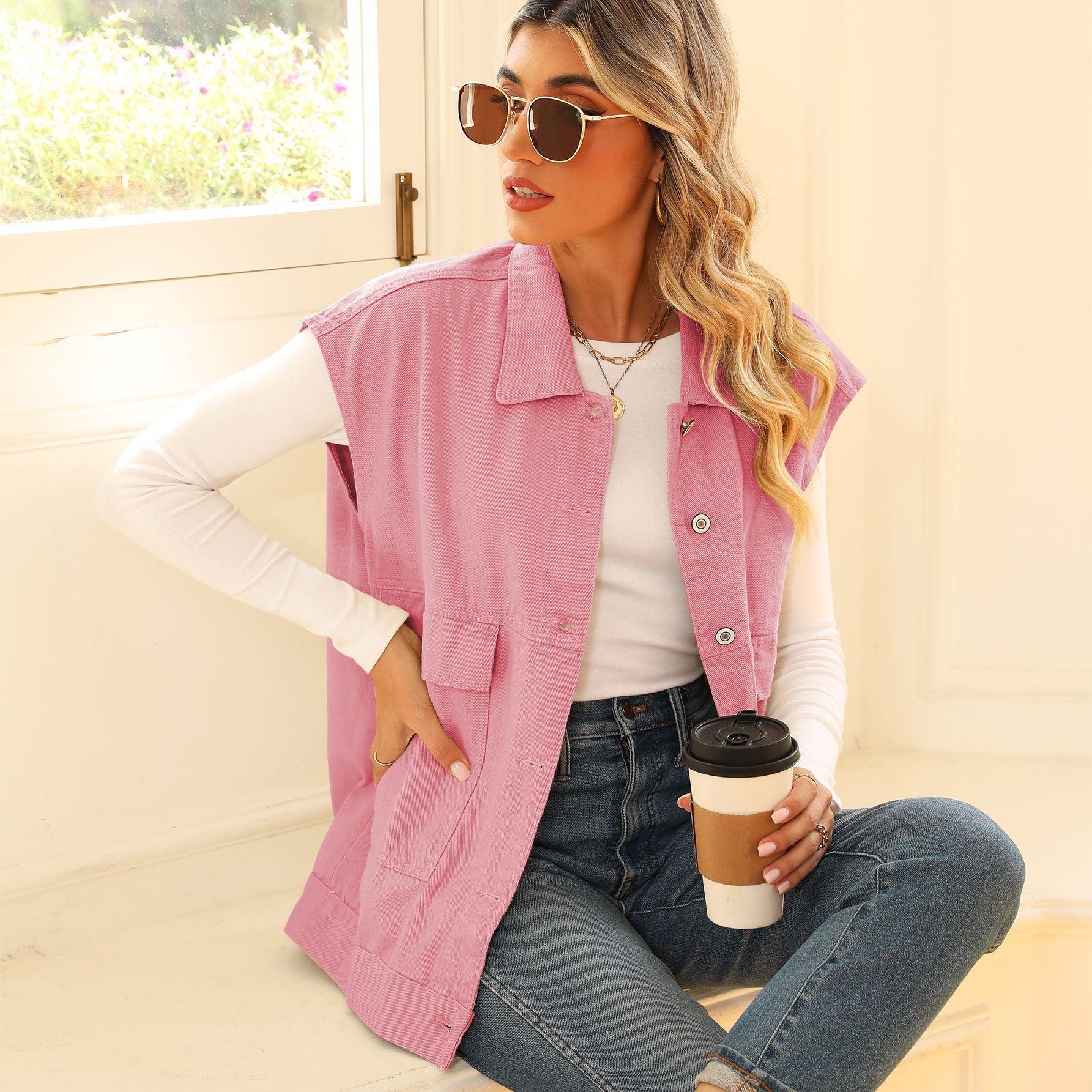 Denim Vest With Big Pockets Fashion Sleeveless Outwear Vest For Womens Clothing - J Micheal