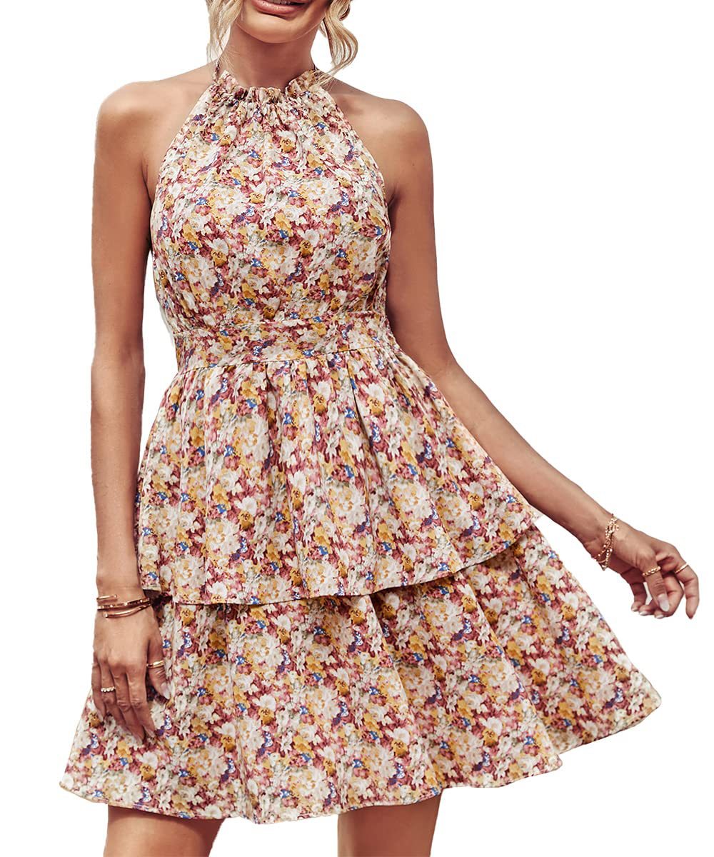 Summer Printed Halter Dress Fashion Boho Backless Ruffled A-Line Beach Dresses For Womens Clothing - J Micheal