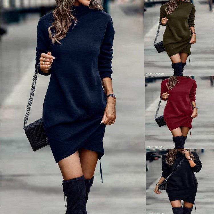 Long Sleeve Dress Solid Color High Neck Cross Short Dress Womens Clothing - J Micheal