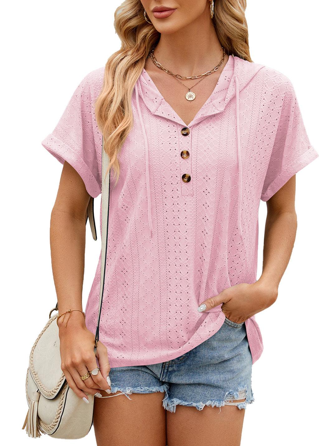 New Solid Color Hooded Button T-shirt Loose Hollow Design Short-sleeved Top For Womens Clothing - J Micheal