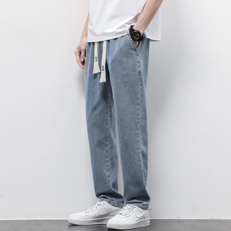 Summer Loose Wide Leg Jeans Pants Men Fashion Drawstring Elasticated Straight Trousers - J Micheal