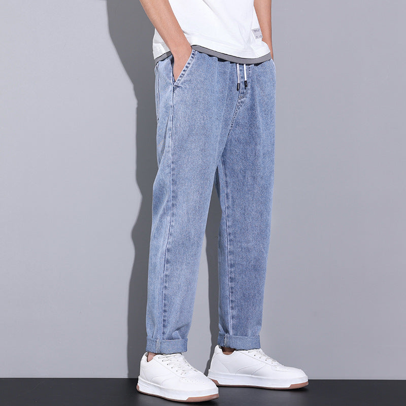 Summer Loose Wide Leg Jeans Pants Men Fashion Drawstring Elasticated Straight Trousers - J Micheal