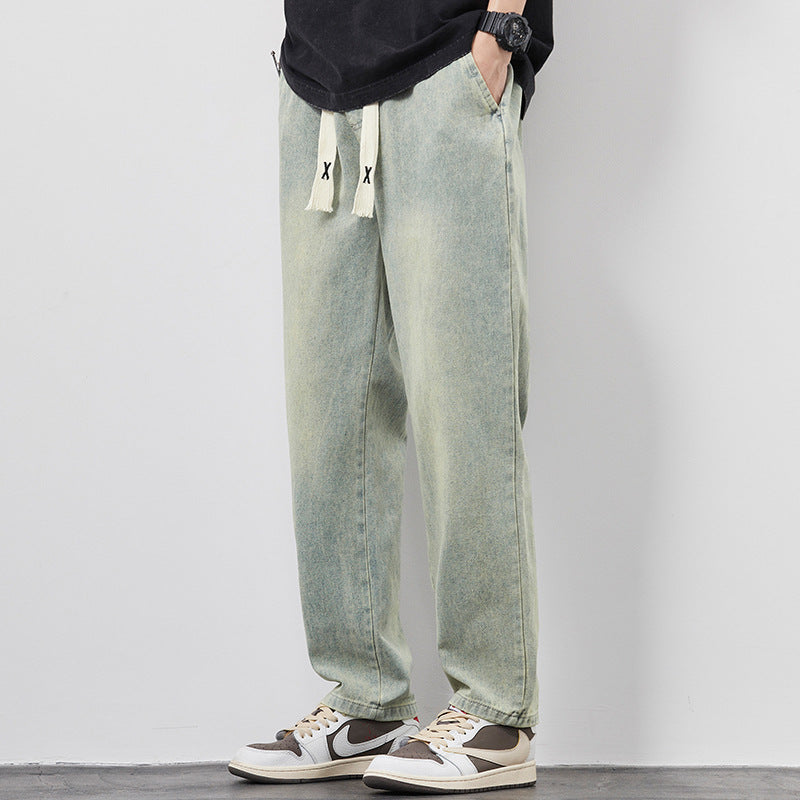 Summer Loose Wide Leg Jeans Pants Men Fashion Drawstring Elasticated Straight Trousers - J Micheal