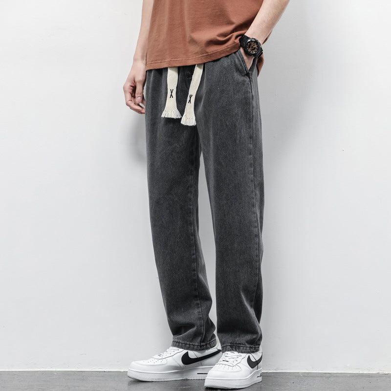 Summer Loose Wide Leg Jeans Pants Men Fashion Drawstring Elasticated Straight Trousers - J Micheal