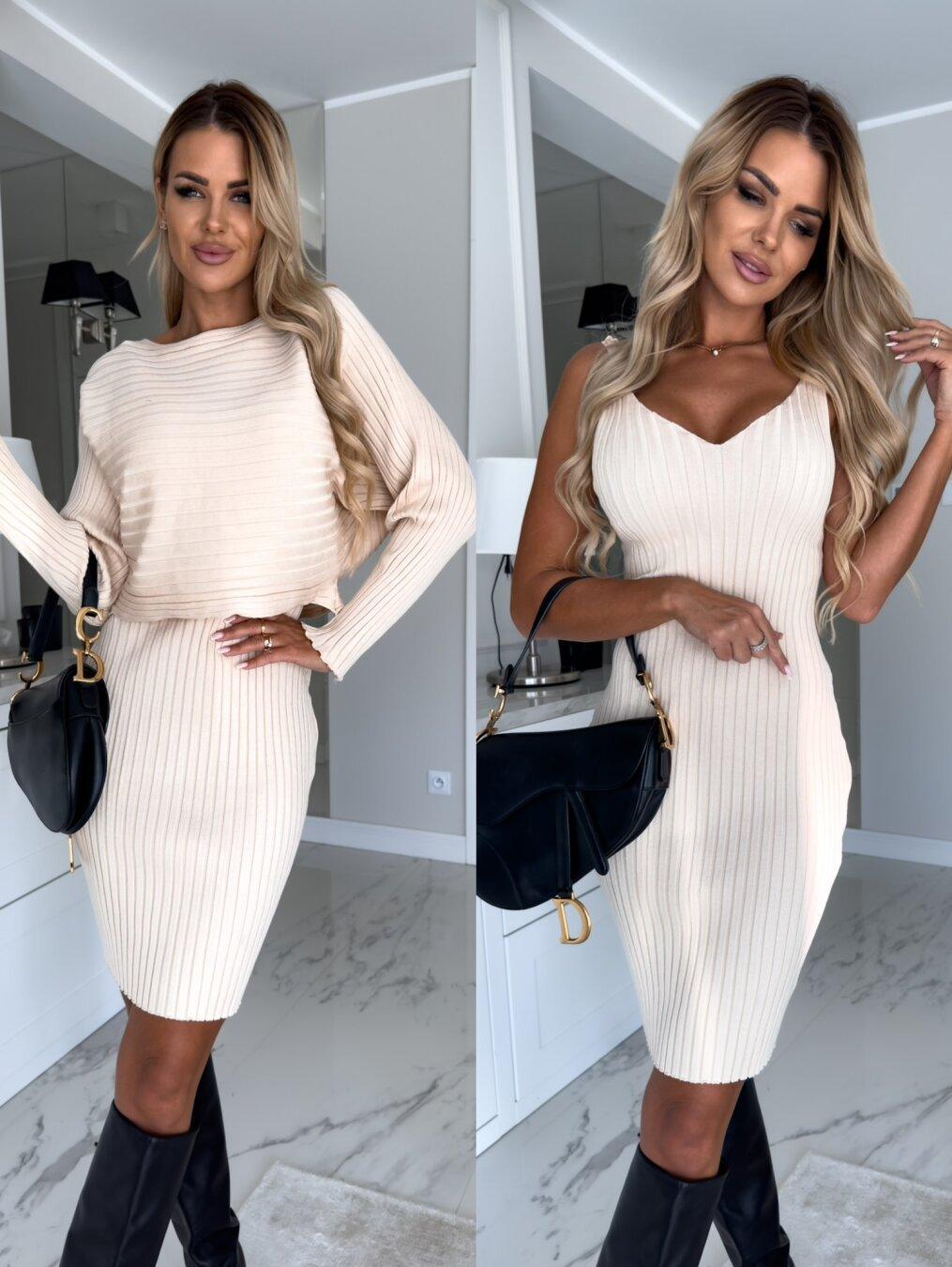 2pcs Suit Women's Solid Stripe Long-sleeved Top And Tight Suspender Skirt Fashion Autumn Winter Slim Clothing - J Micheal