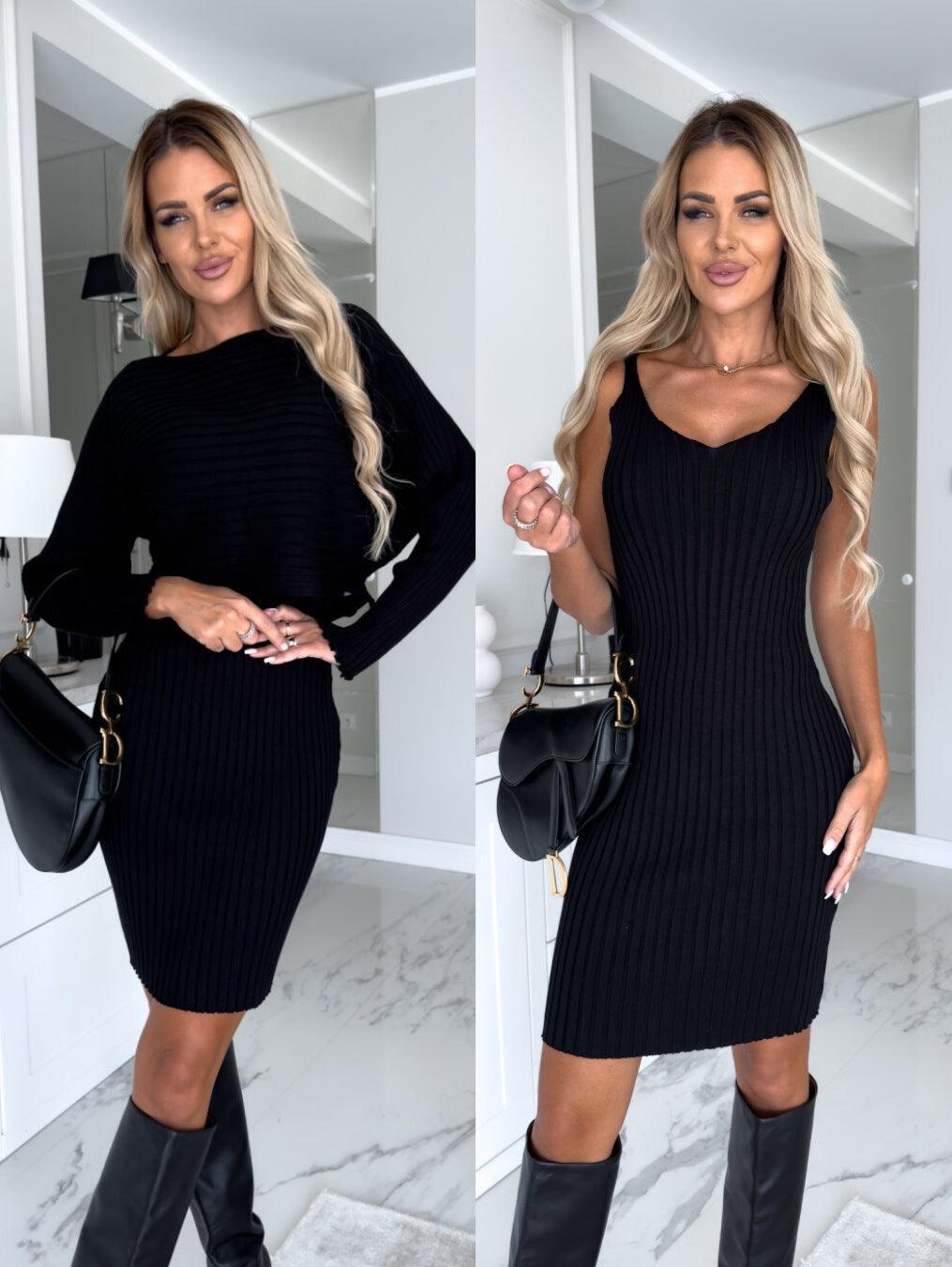 2pcs Suit Women's Solid Stripe Long-sleeved Top And Tight Suspender Skirt Fashion Autumn Winter Slim Clothing - J Micheal