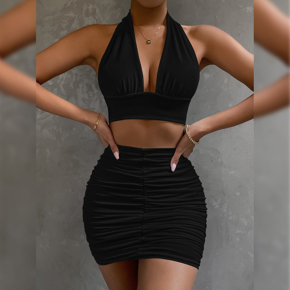 2pcs Dress Suits For Women Halter Lace-up Hip Top And Pleated Hip-covering Skirt - J Micheal
