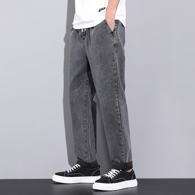 Summer Loose Wide Leg Jeans Pants Men Fashion Drawstring Elasticated Straight Trousers - J Micheal