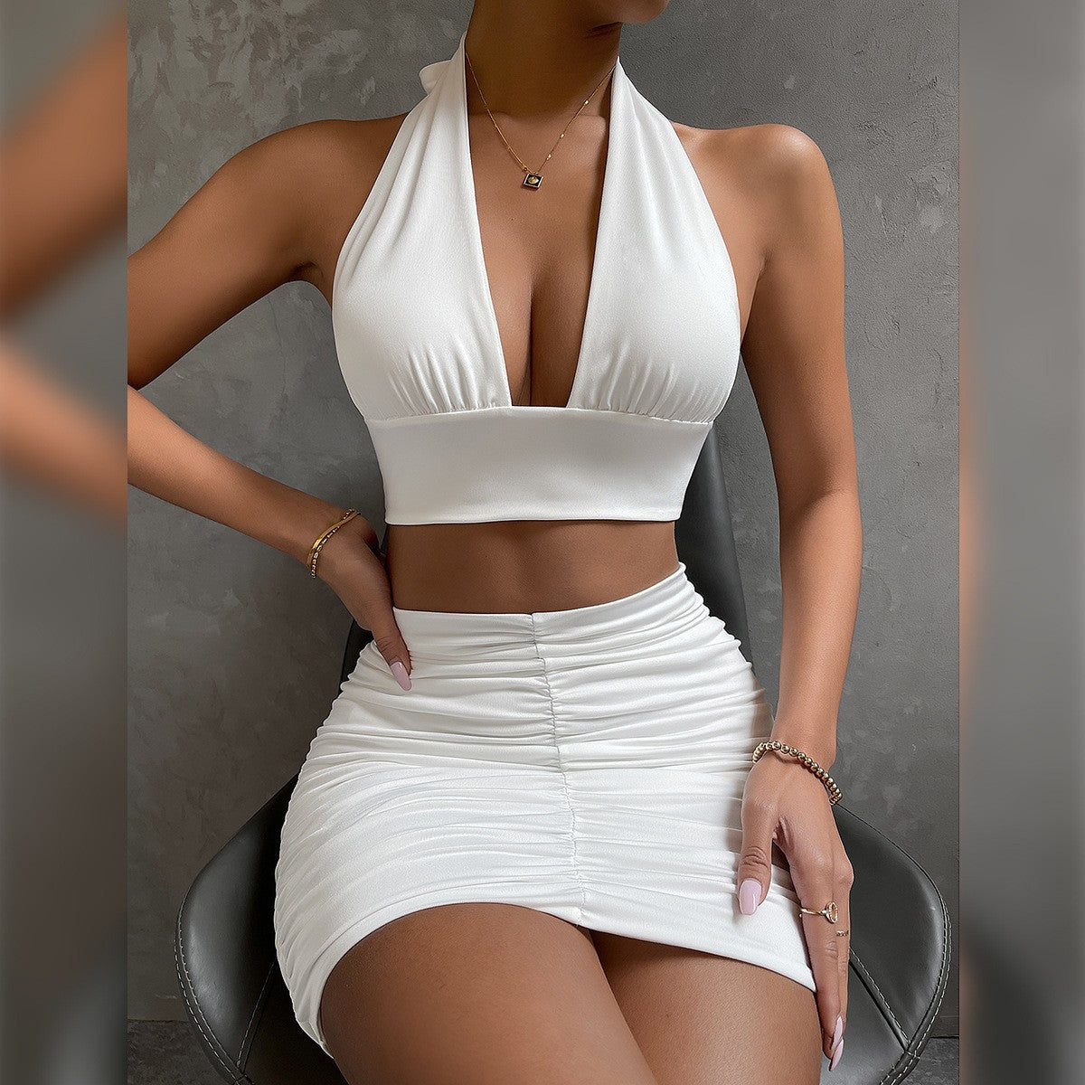 2pcs Dress Suits For Women Halter Lace-up Hip Top And Pleated Hip-covering Skirt - J Micheal
