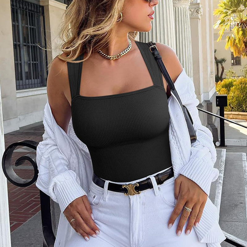 Thread Square Neck Jumpsuit Sleeveless Slim Fit Tank Top Summer Shapewear - J Micheal