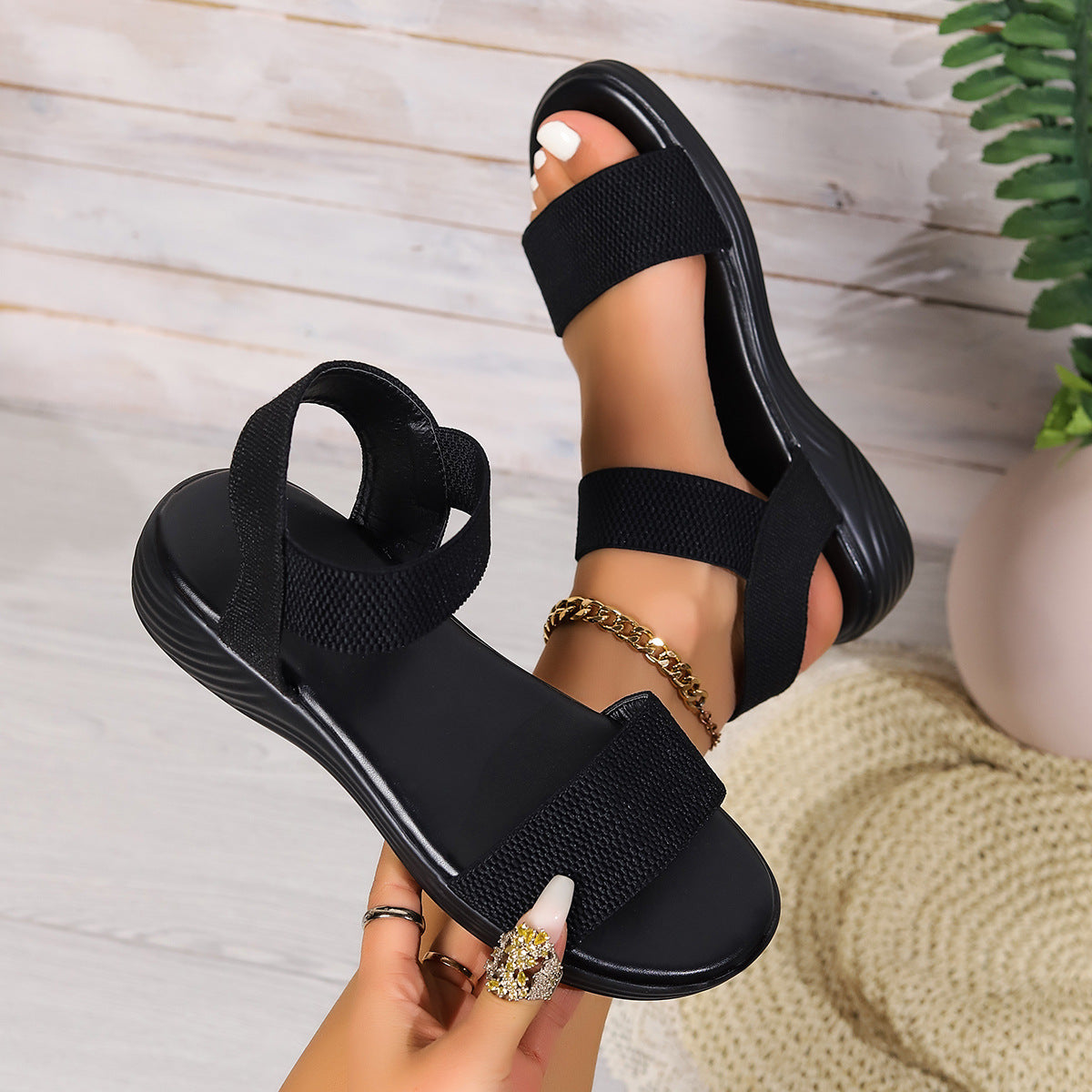Fashion Color-block Elastic Sandals Summer Fashion Fish Mouth Flat Shoes For Women - J Micheal