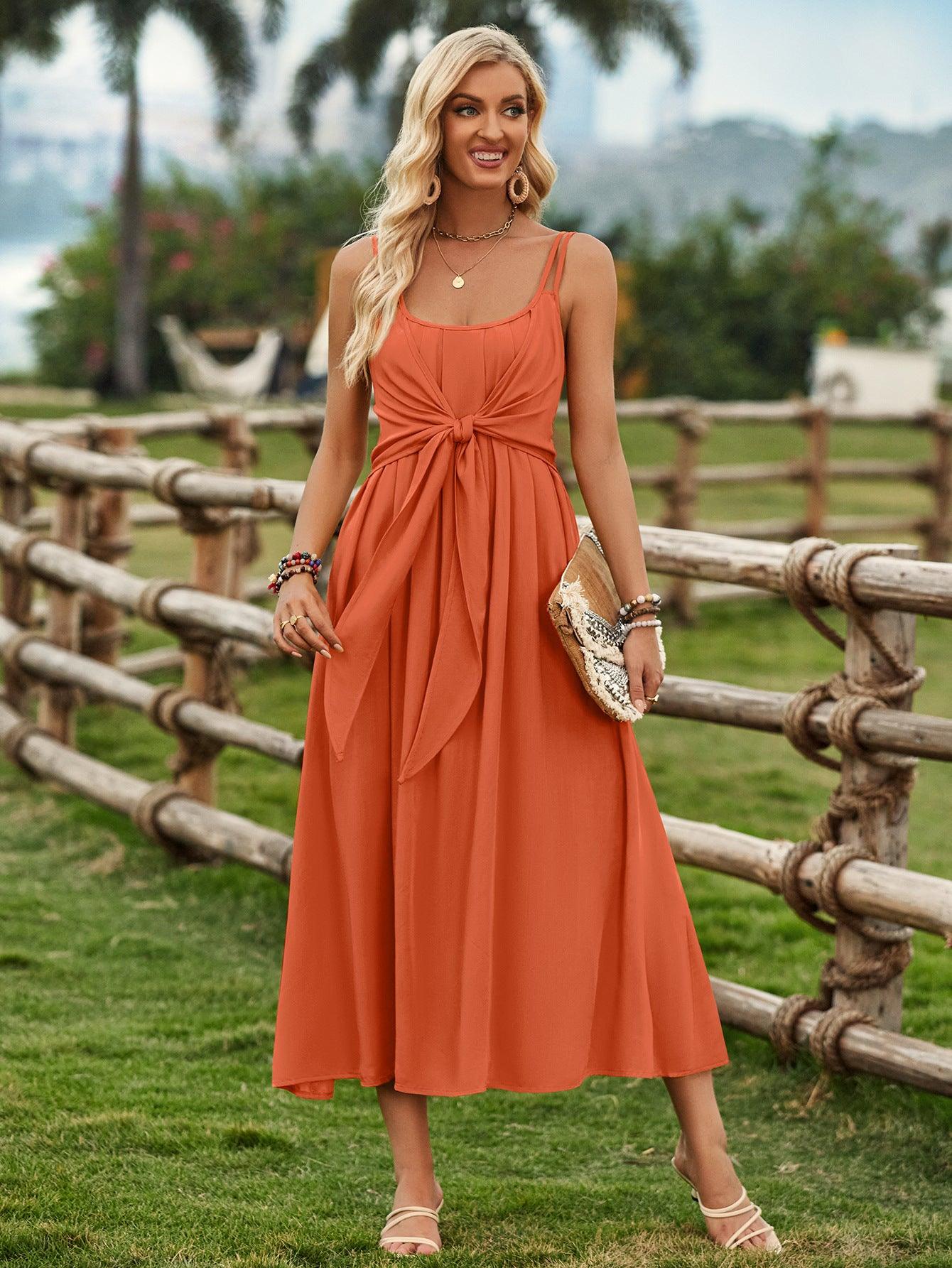 Solid Color Suspender Long Dress Spring And Summer Bow Waist Tie Design Dress Womens Clothing - J Micheal
