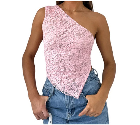Lace Backless Top Summer Solid Color Waistless Asymmetrical Sloped Neck Vest Streetwear Womens Clothes - J Micheal