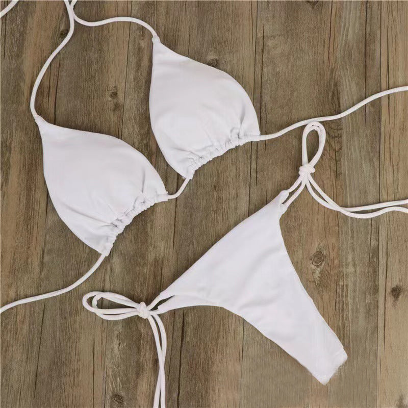 2pcs Halterneck Lace-up Bikini Women Summer Solid Color Sexy Split Strap Adjustable Swimsuit Suit - J Micheal