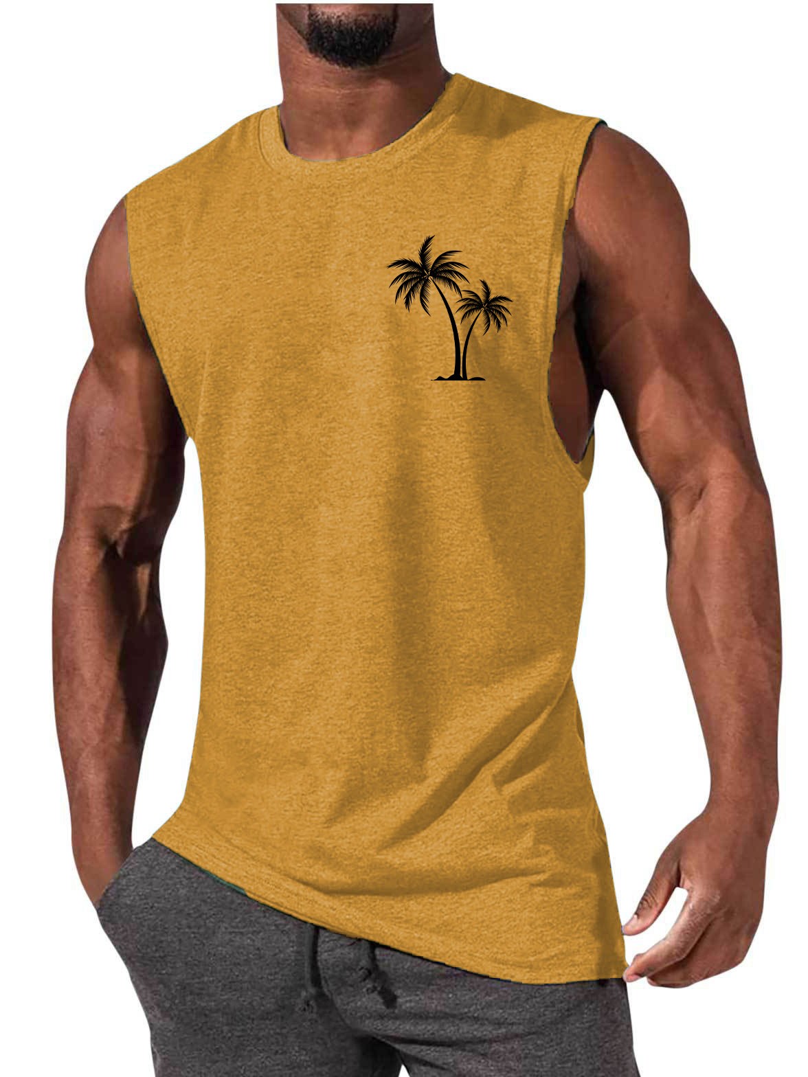 Coconut Tree Embroidery Vest Summer Beach Tank Tops Workout Muscle Men Sports Fitness T-shirt - J Micheal