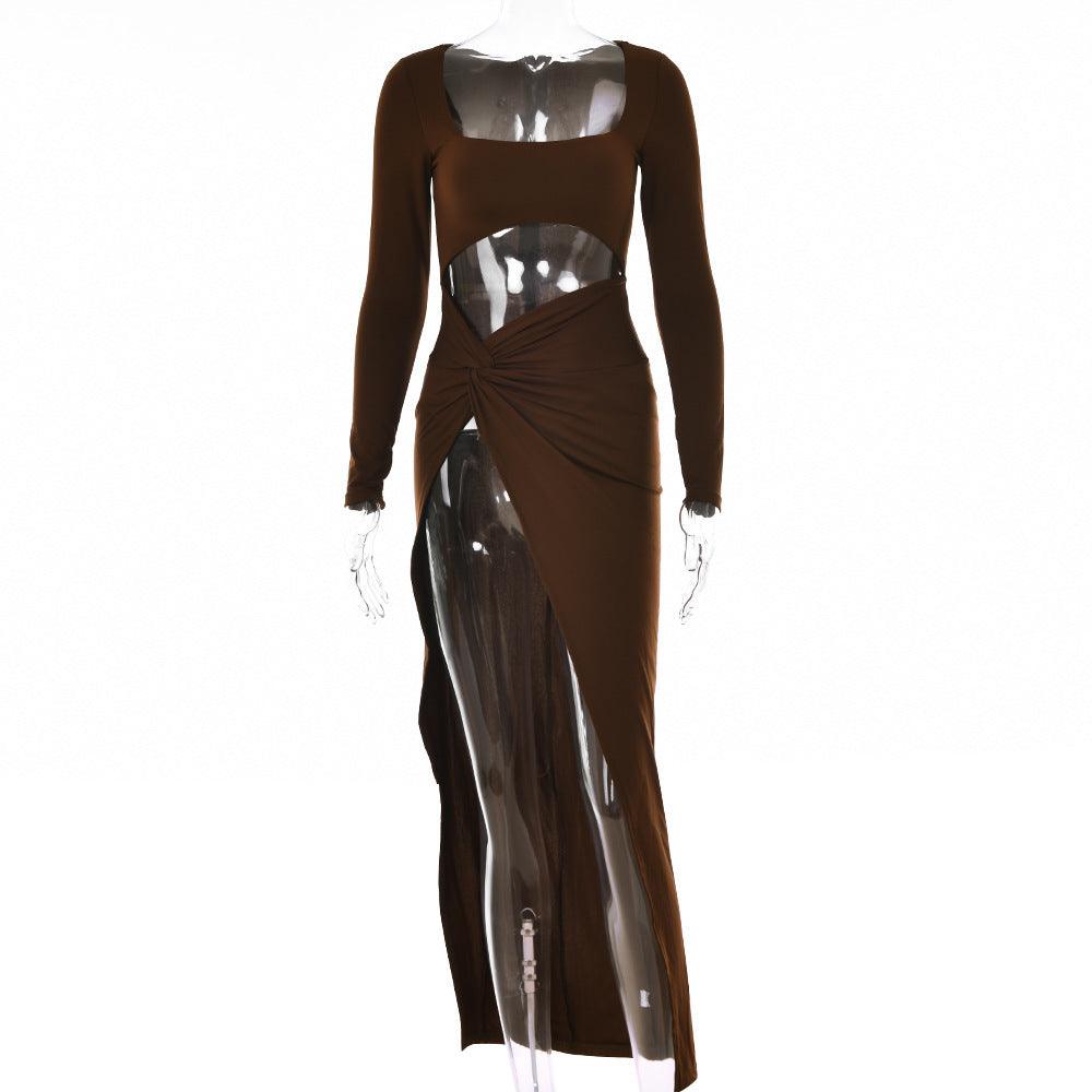 Womens Clothing Long Sleeve Dress Fashion Hollow U-neck Split Dress Party Wedding - J Micheal