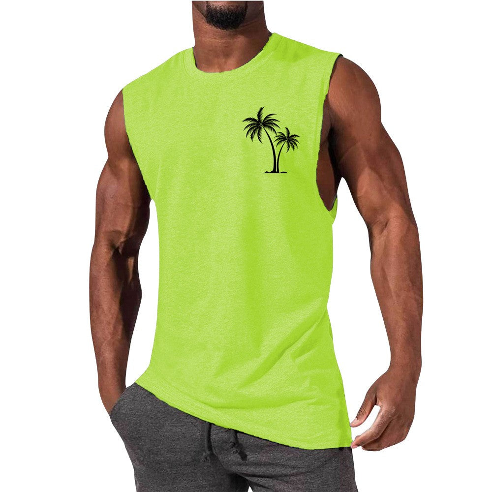 Coconut Tree Embroidery Vest Summer Beach Tank Tops Workout Muscle Men Sports Fitness T-shirt - J Micheal