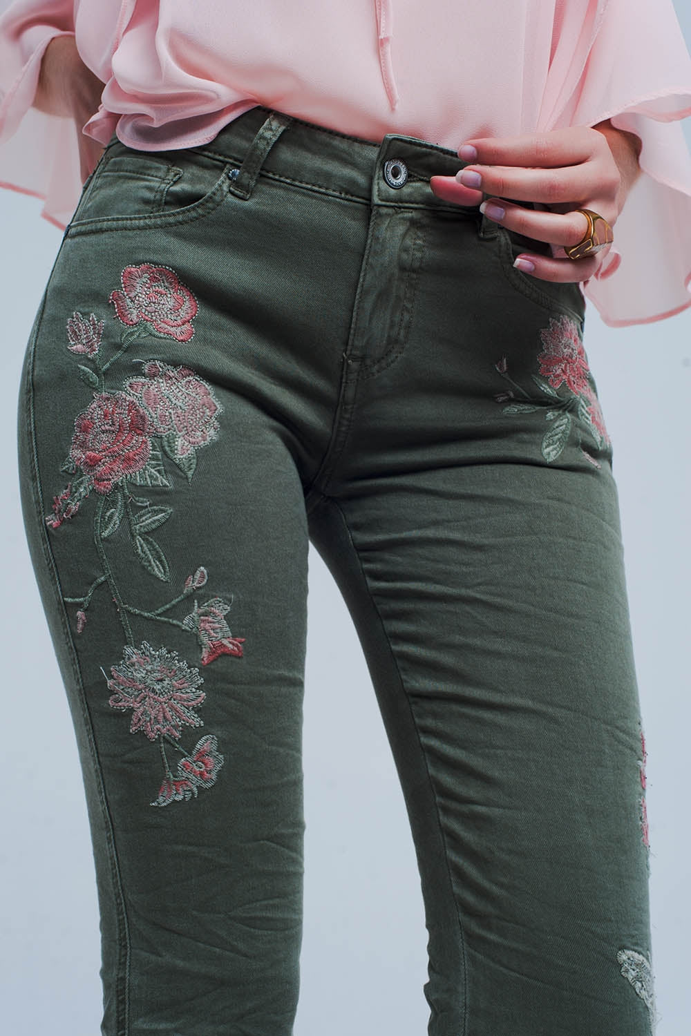 Khaki Jeans With Embroidered Flower - J Micheal