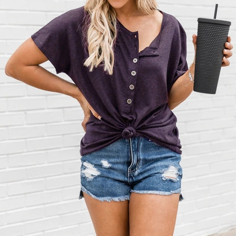 European And American Fashion Women's Irregular Hem Button Short-sleeved T-shirt - J Micheal